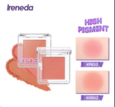 Ireneda blush with open case and swatches on a white background