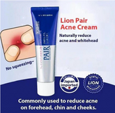 Lion Pair Acne Cream tube with promotional text on a blue and white background
