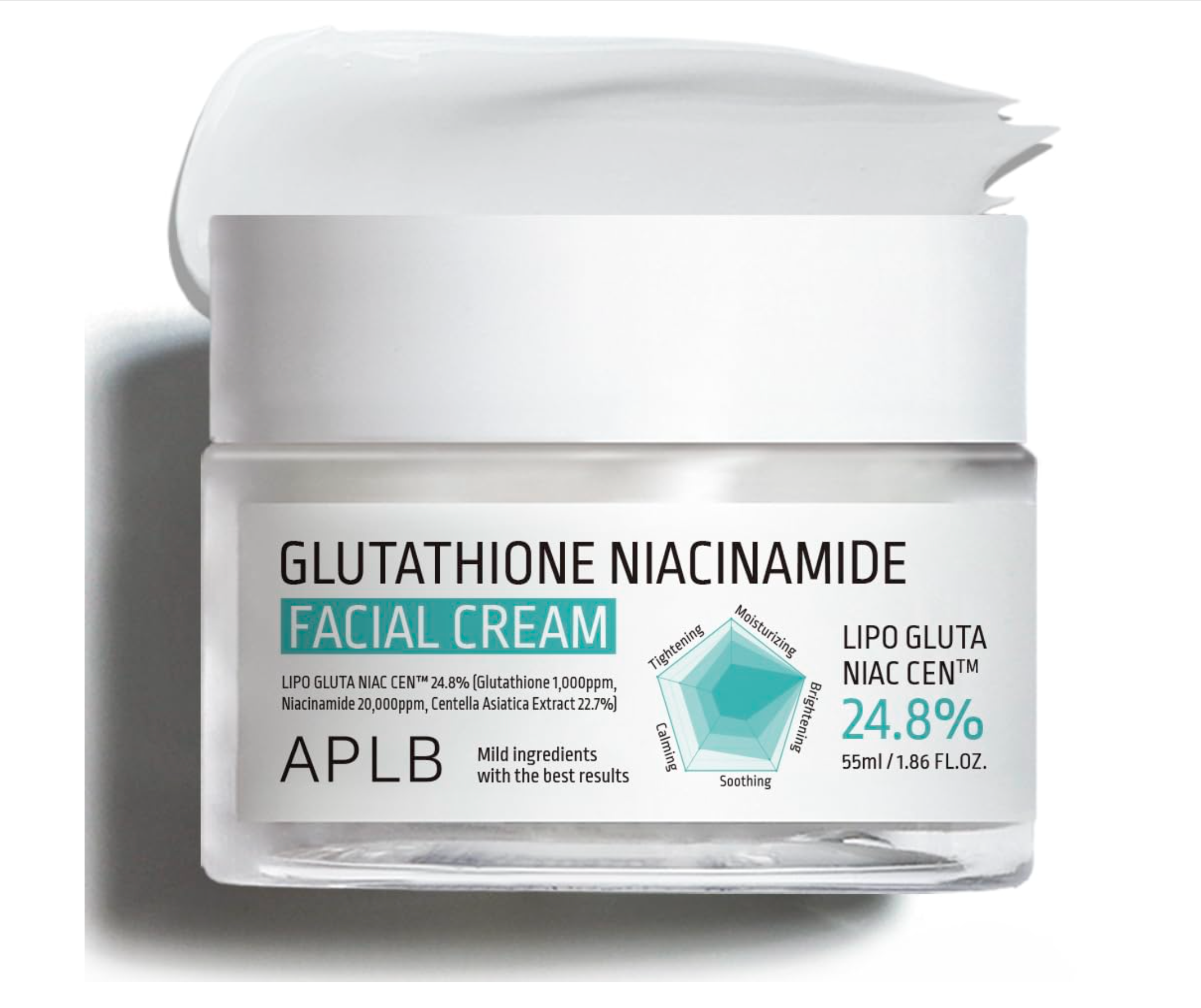 Jar of Glutathione Niacinamide Facial Cream with APLB branding on a white background