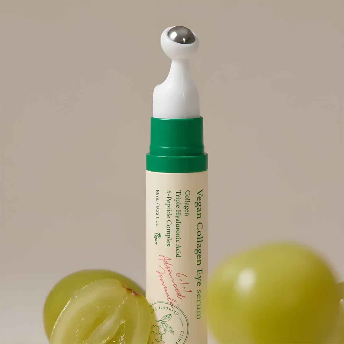Vegan Collagen Eye serum with grapes on a beige background