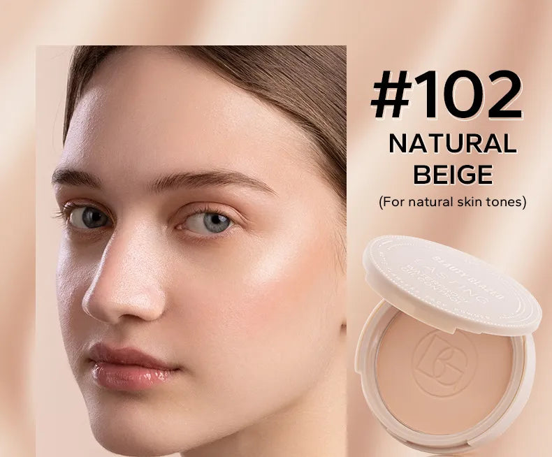 Woman's face with a compact powder case labeled '#102 Natural Beige' on a beige background