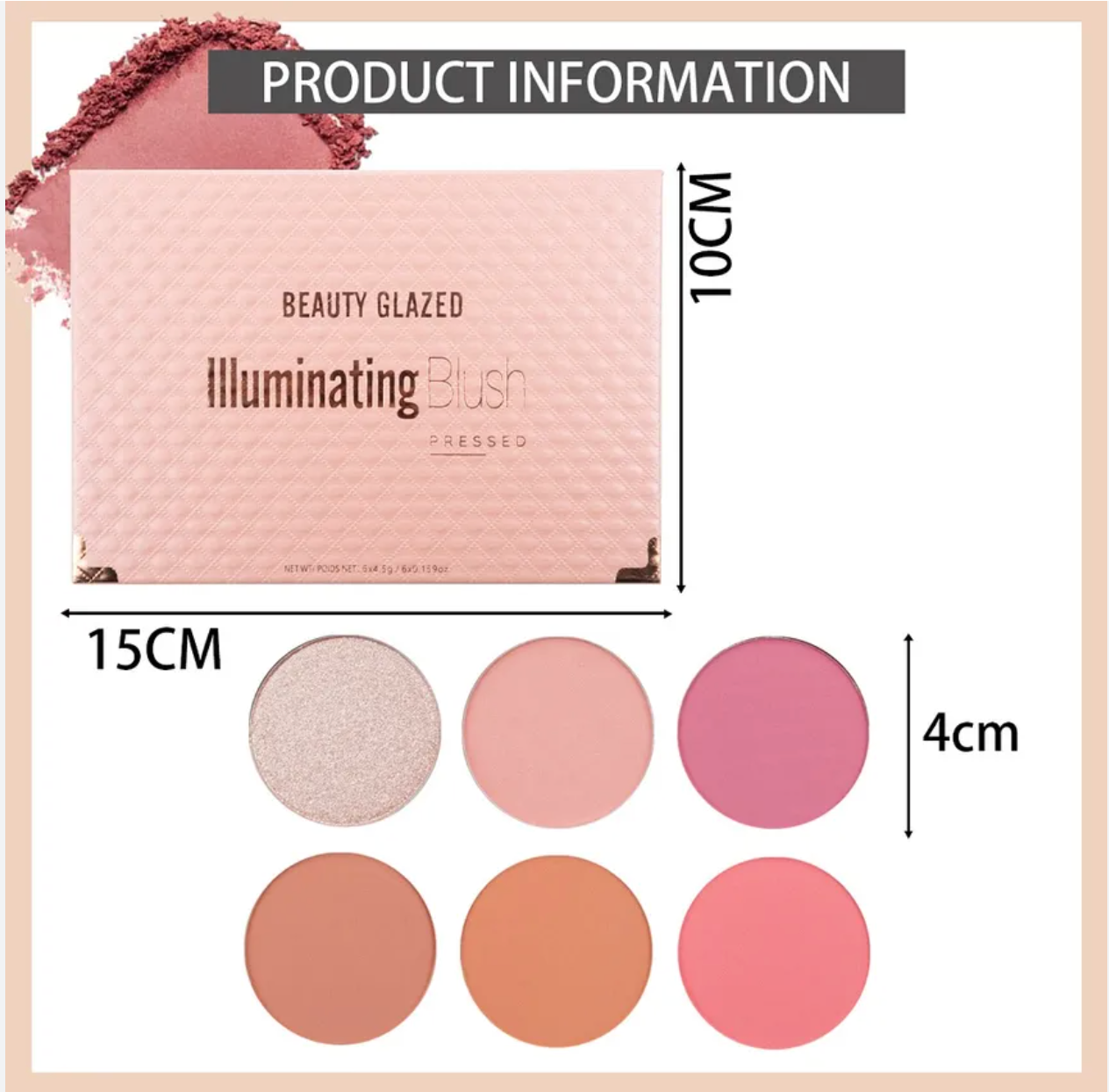 Beauty Glazed illuminating blush palette with product dimensions and color swatches.