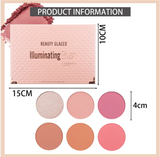 Beauty Glazed illuminating blush palette with product dimensions and color swatches.