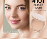 Advertisement for a powder product with a close-up of a woman's face and the powder compact.