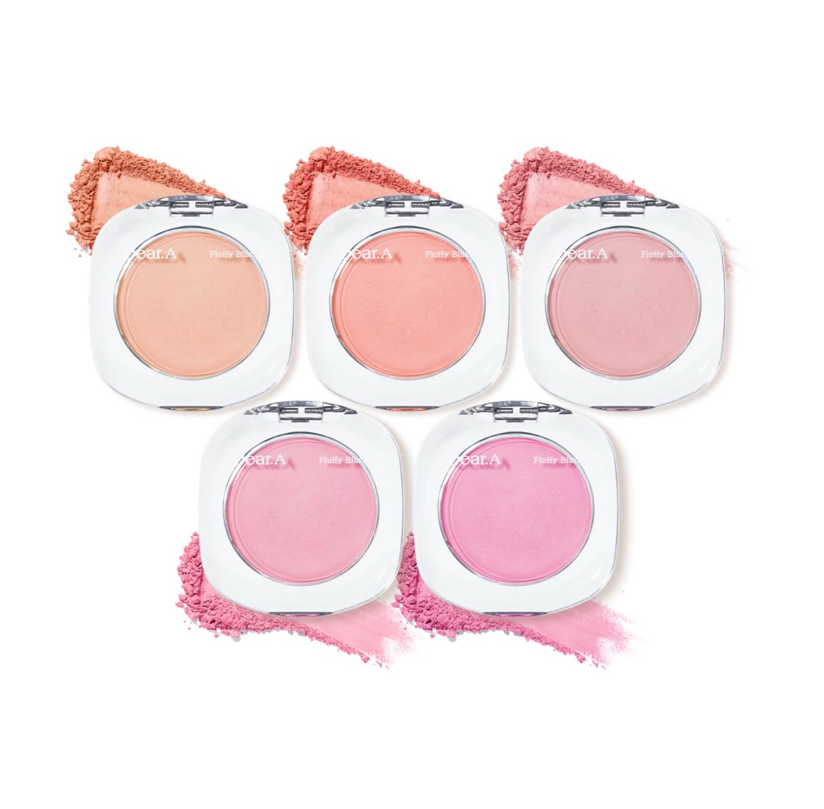 Set of five blush products with visible color swatches on a white background