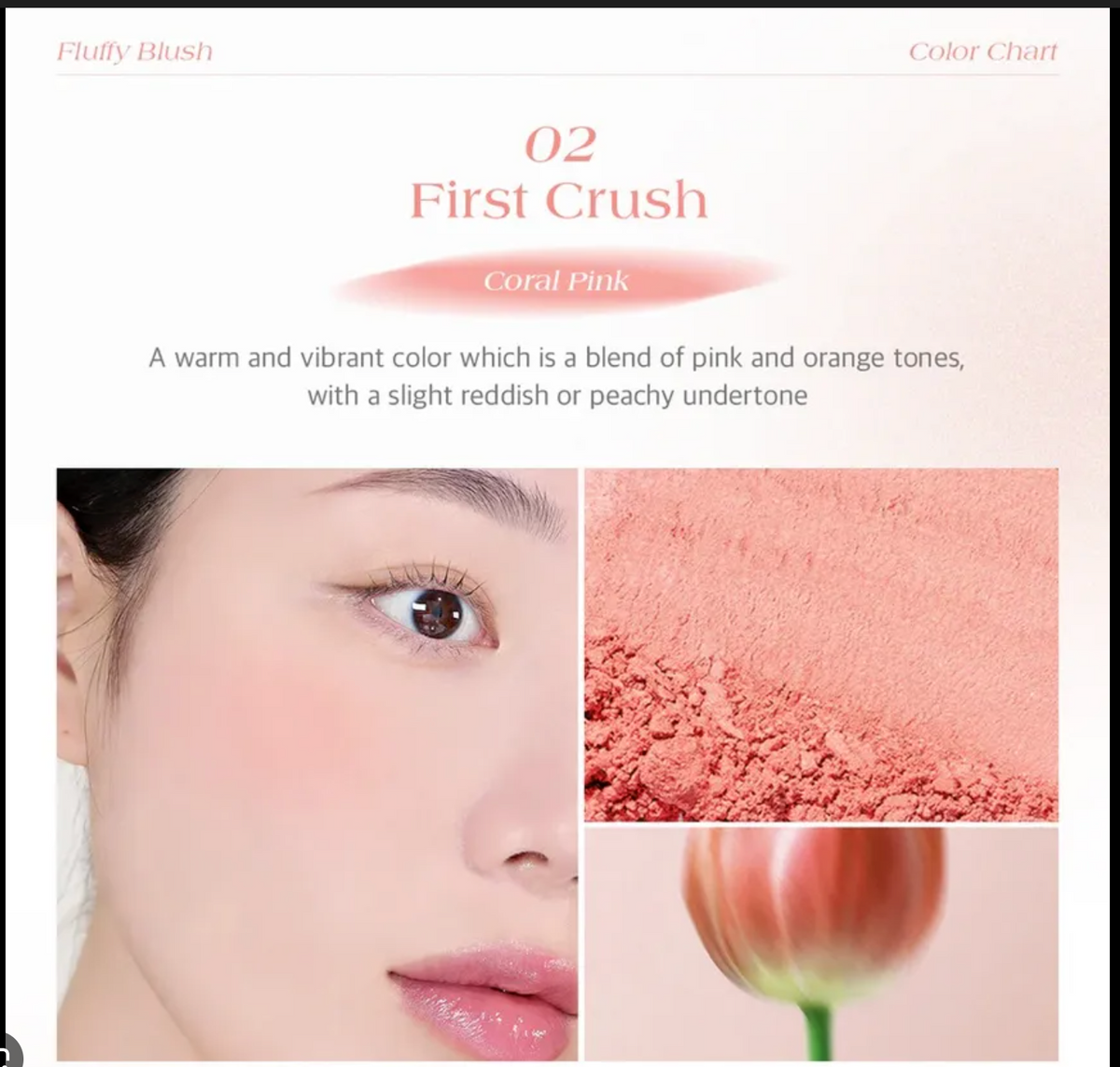 Makeup product description with color swatch and close-up of a person wearing the product.