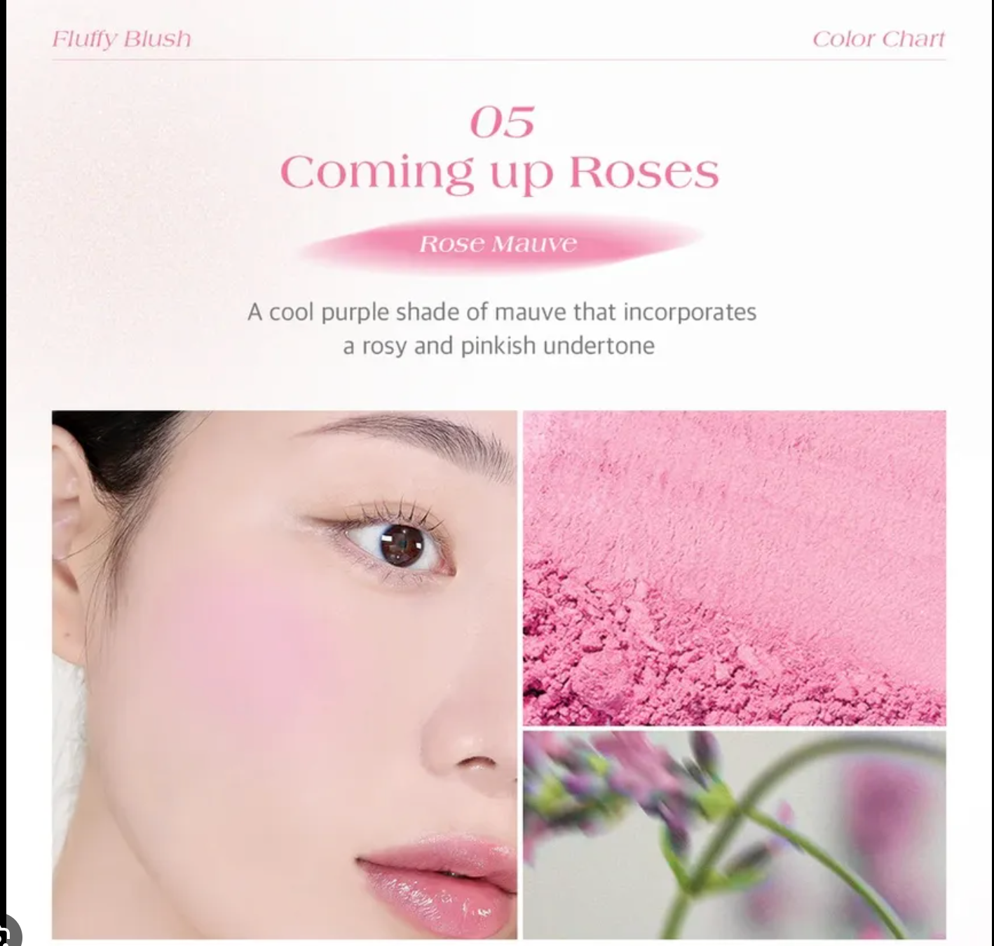 Makeup color swatch with 'Coming up Roses' shade on a model's face and close-up of the powder.