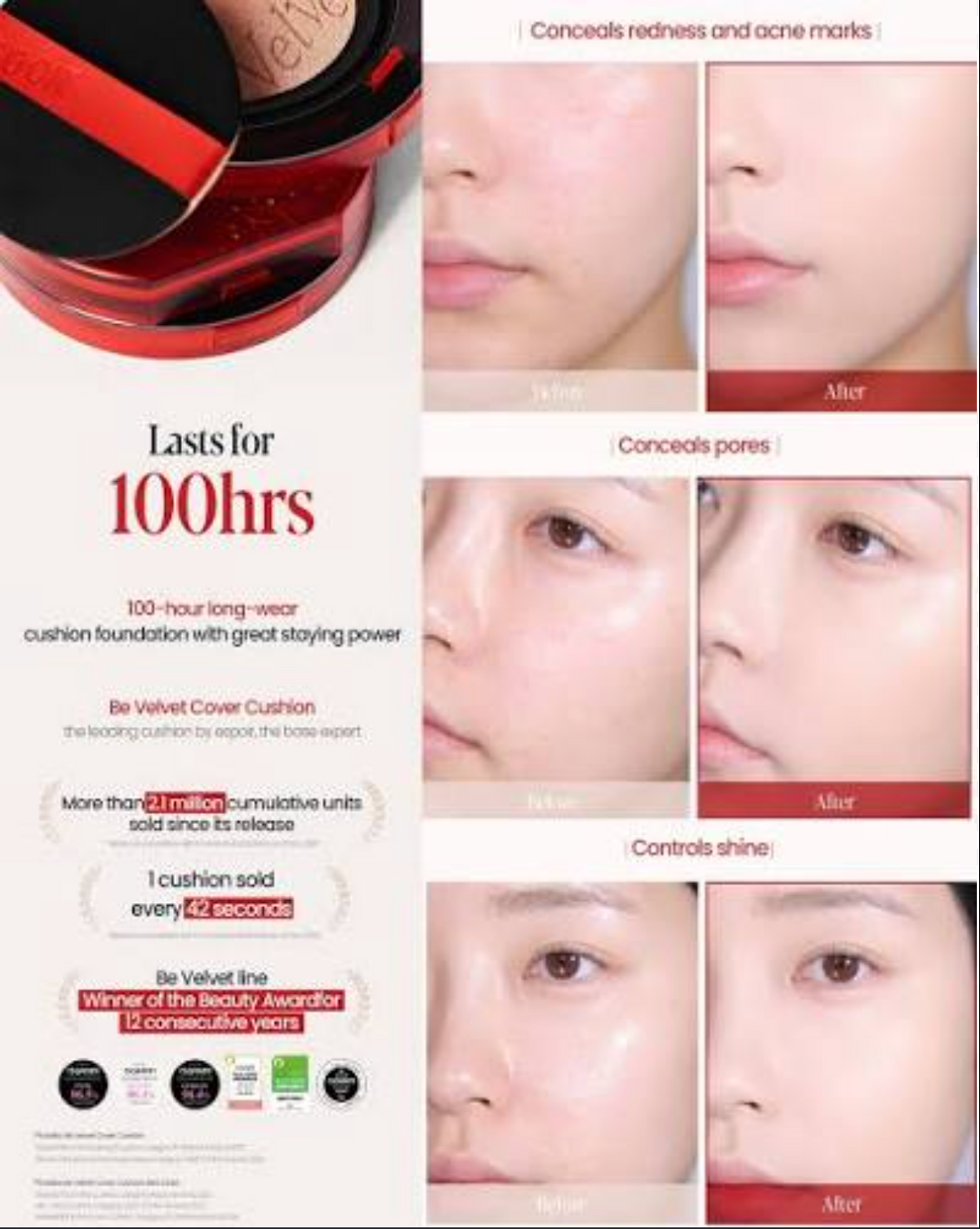 Advertisement for a cosmetic product with text and images of a cushion foundation.