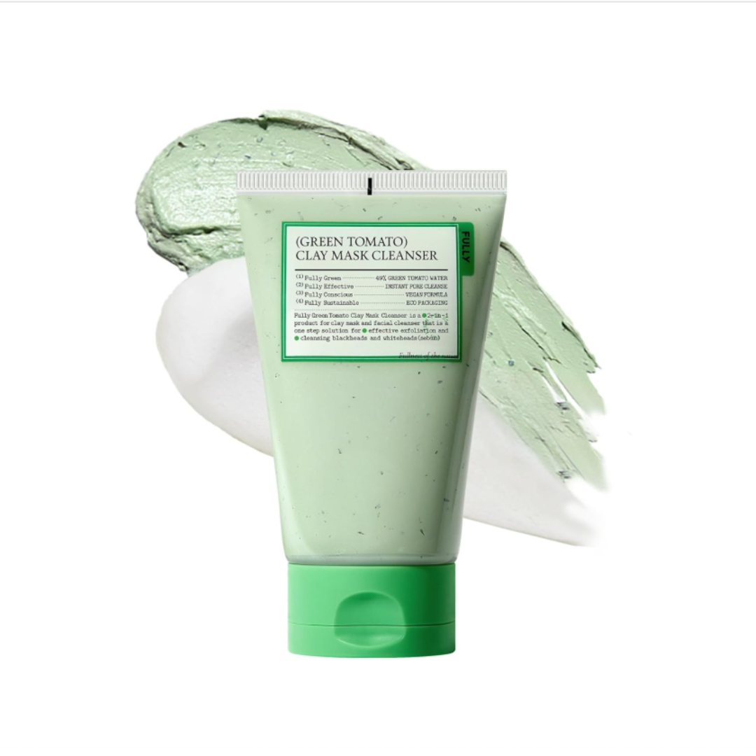 FULLY Green Tomato Facial Cleanser green tube with clay mask texture swatch on white background