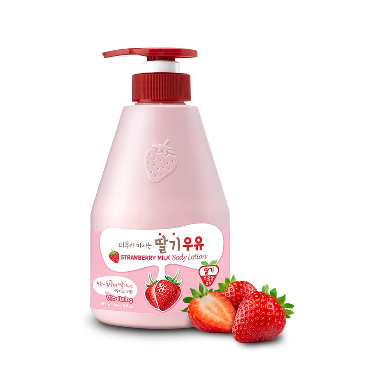 Pink strawberry milk body lotion with red pump on a white background