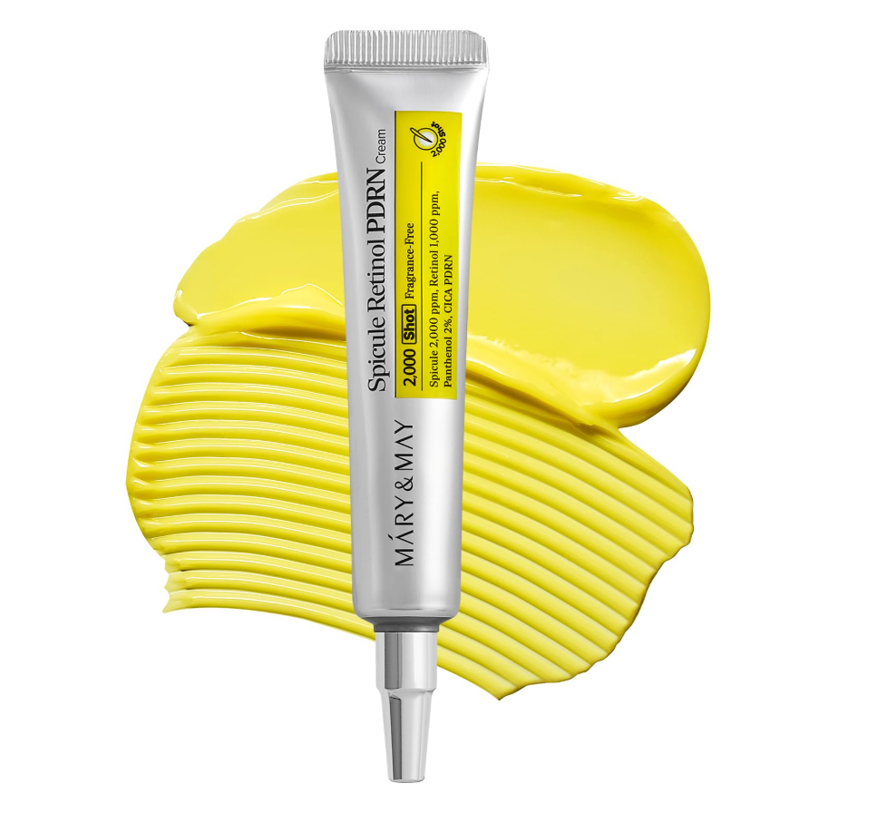 Mary&May Spicule Retinol PDRN Cream tube with yellow cream swatch on white background