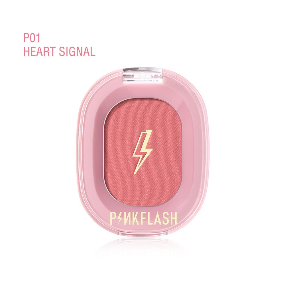 Pink blush compact with 'Pinkflash' branding on a white background