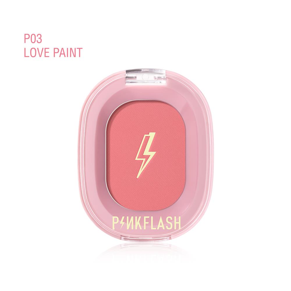 Pink blush compact with 'Pinkflash' branding on a white background