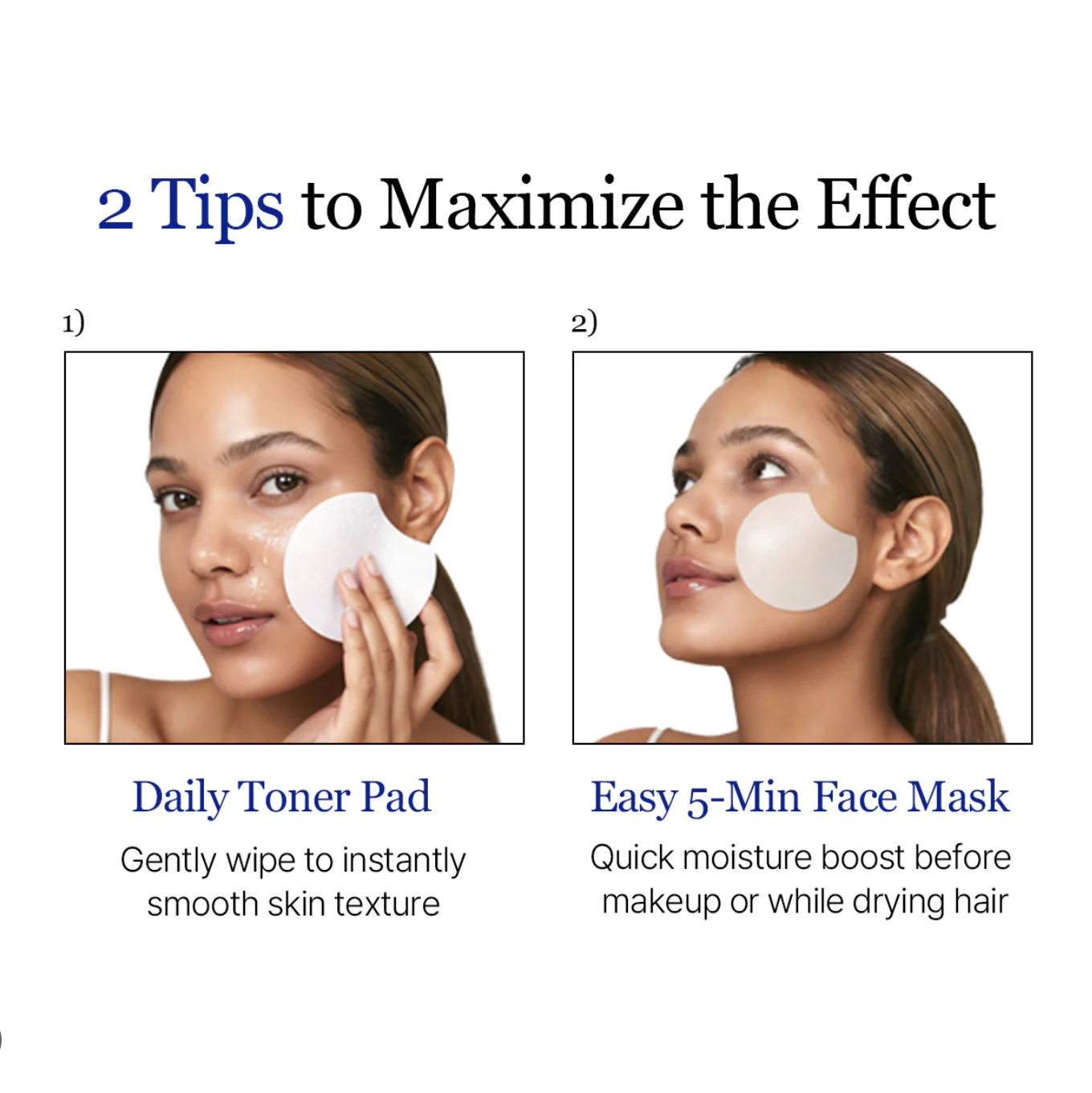 Two tips for skincare with daily toner pad and easy 5-minute face mask on a white background.