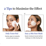 Two tips for skincare with daily toner pad and easy 5-minute face mask on a white background.