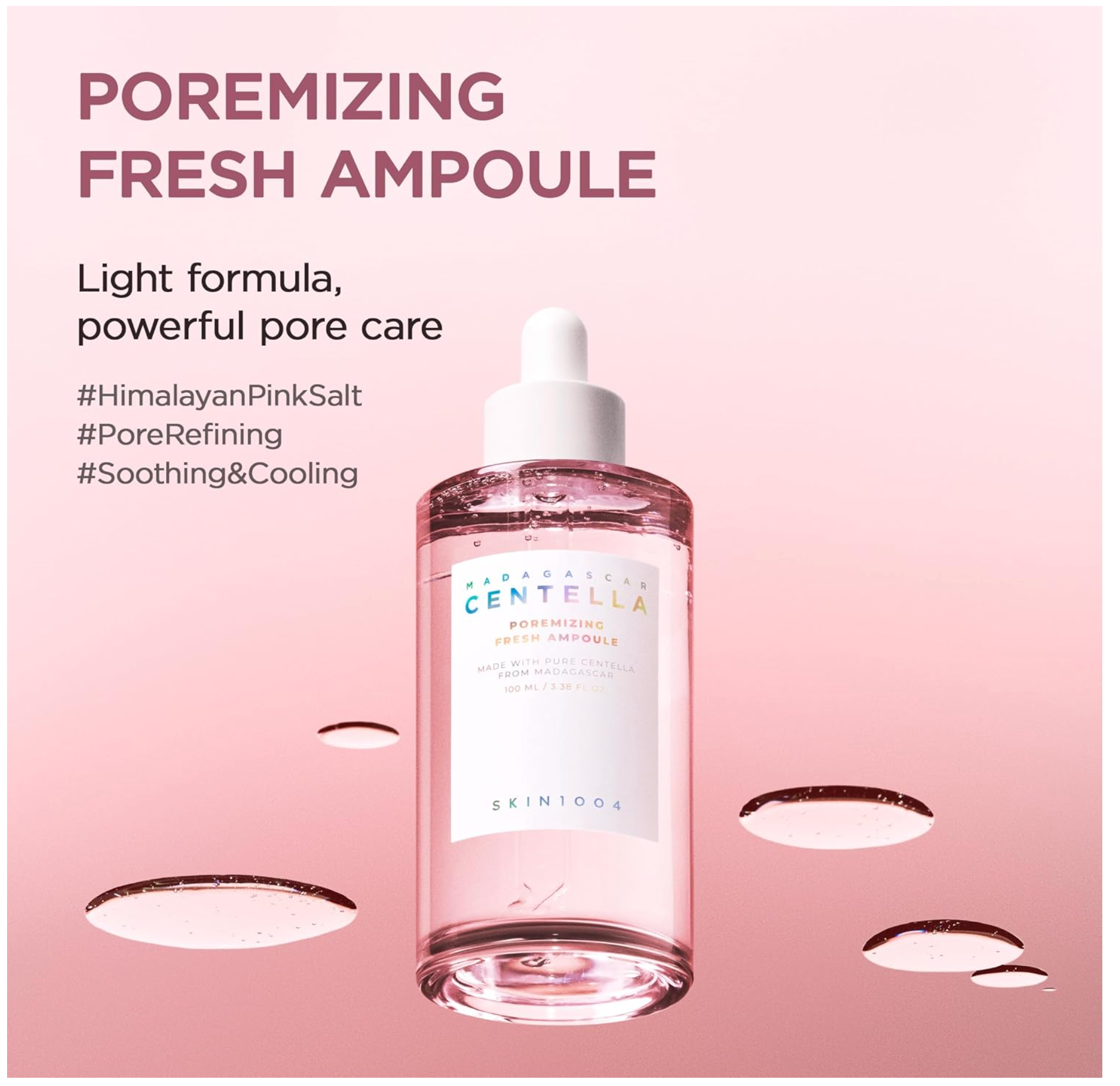 SKIN1004 Centella Poremizing Fresh Ampoule 100ml pink bottle on pink background with pore care text