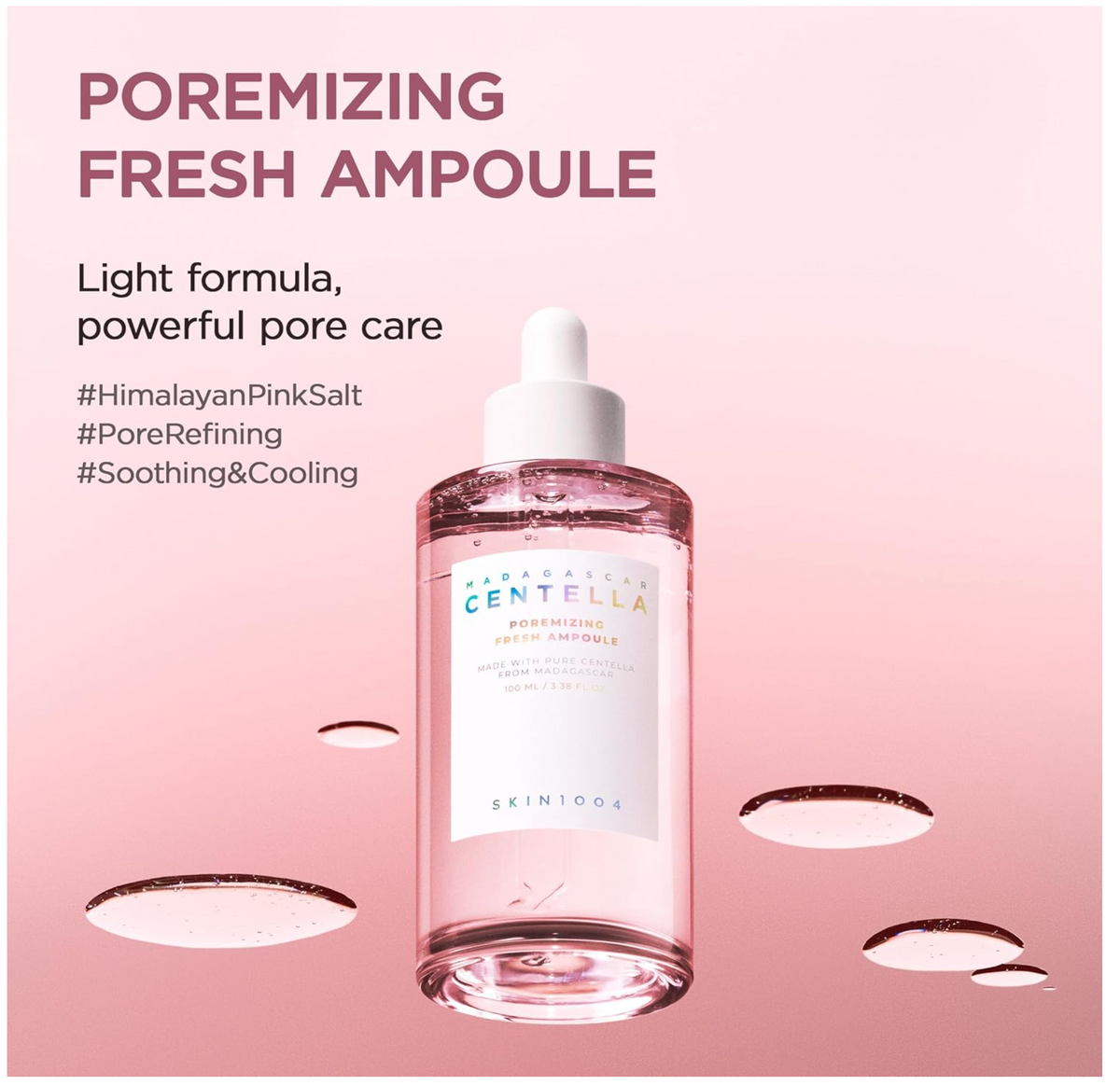 SKIN1004 Centella Poremizing Fresh Ampoule 100ml pink bottle on pink background with pore care text