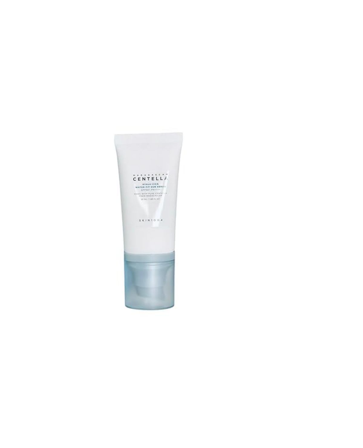 SKIN1004 Hyalu-Cica Water-Fit Sun Serum SPF50+ white and blue tube on white background