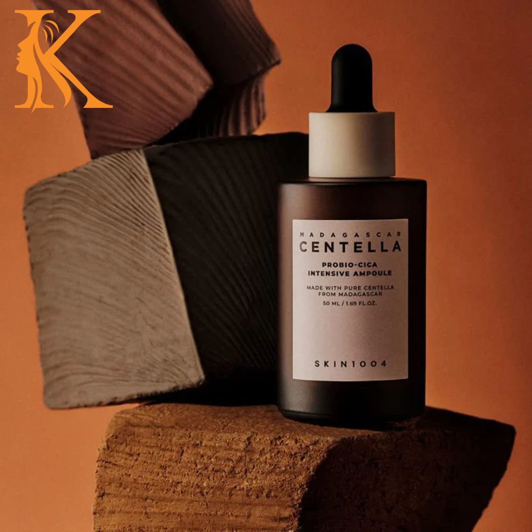 Skintox bottle of Karagafica Centella on a wooden block with a brown background