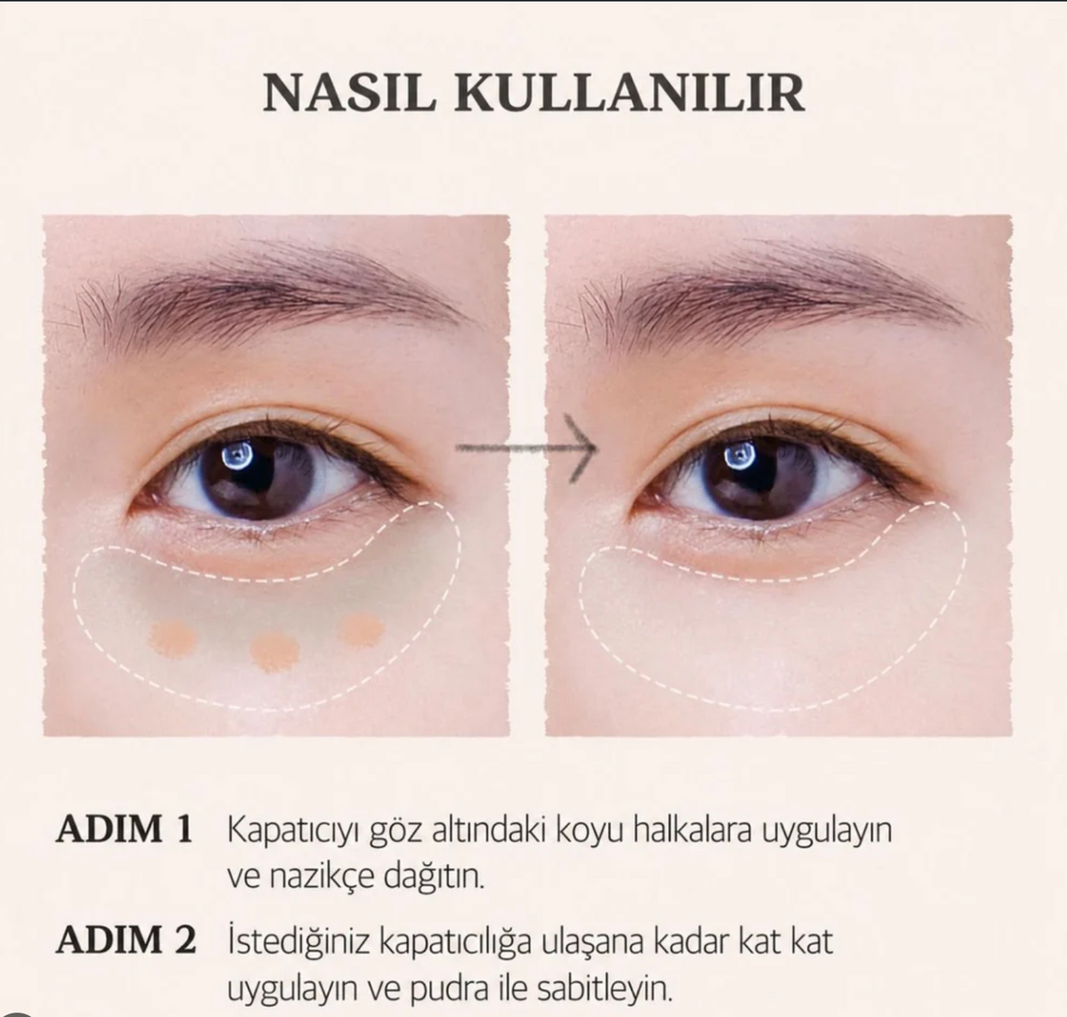 Instructions on how to use a concealer with close-up images of eyes.