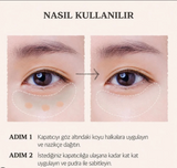 Instructions on how to use a concealer with close-up images of eyes.