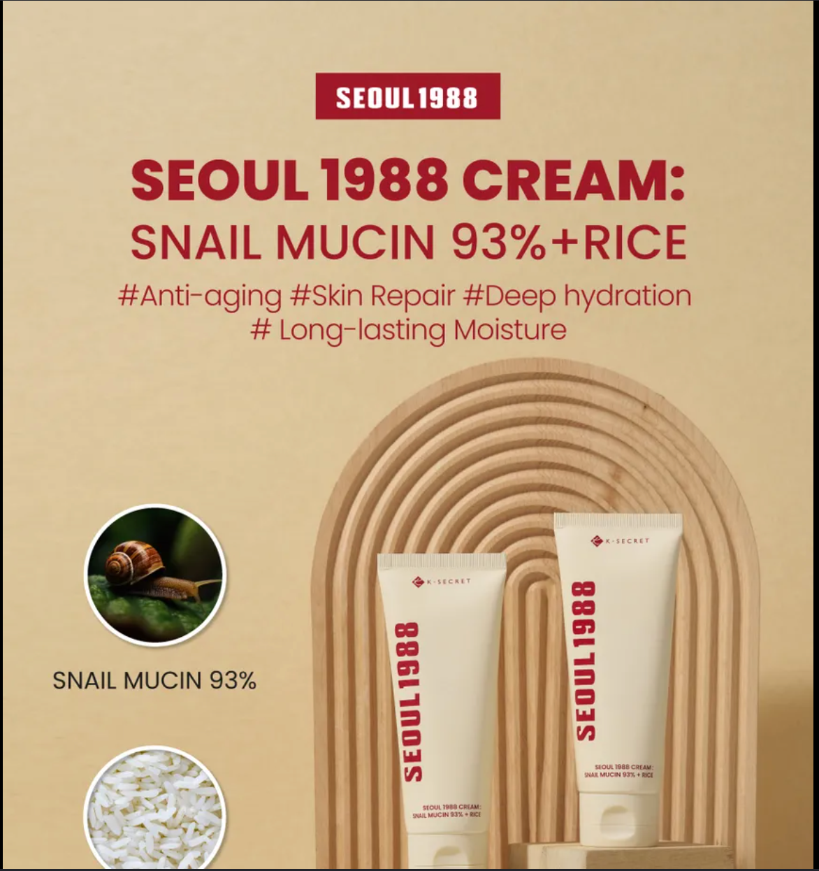KSECRET SEOUL 1988 Cream Snail Mucin 93% + Rice – Deep Hydration & Glass Skin Moisturizer