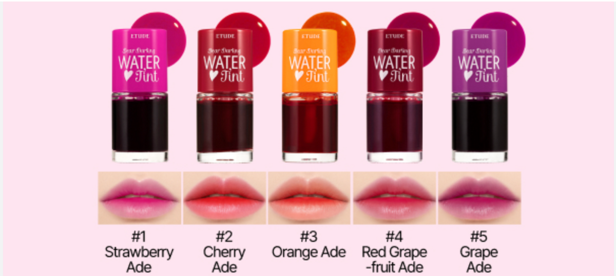 Set of lip tint bottles with color swatches and corresponding names on a pink background