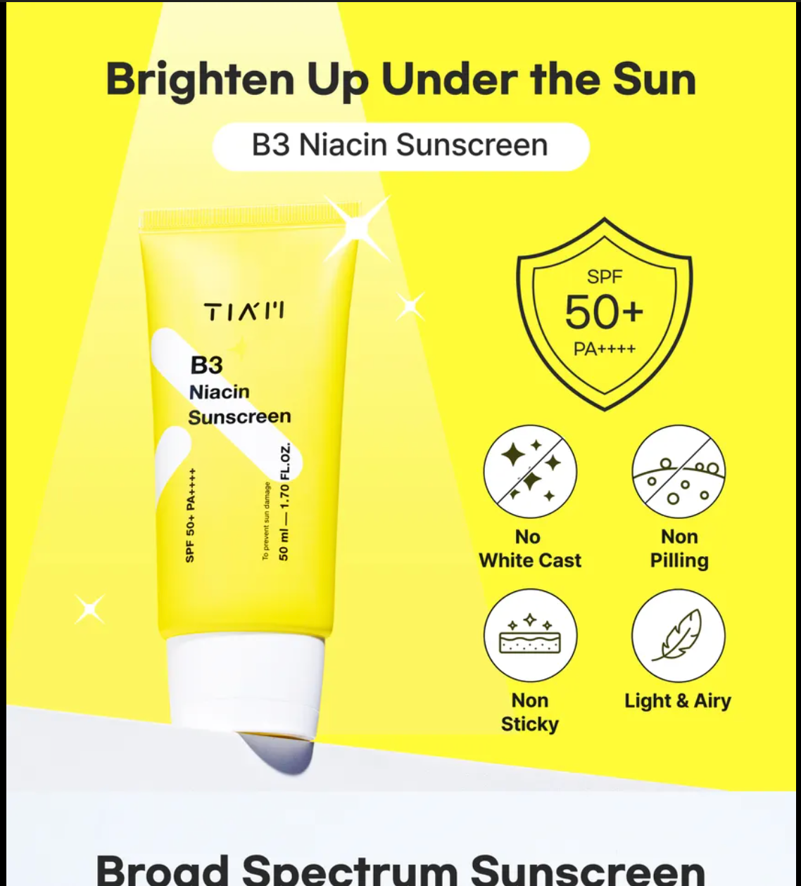 B3 Niacin Sunscreen packaging with SPF 50+ on a yellow background