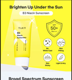 B3 Niacin Sunscreen packaging with SPF 50+ on a yellow background