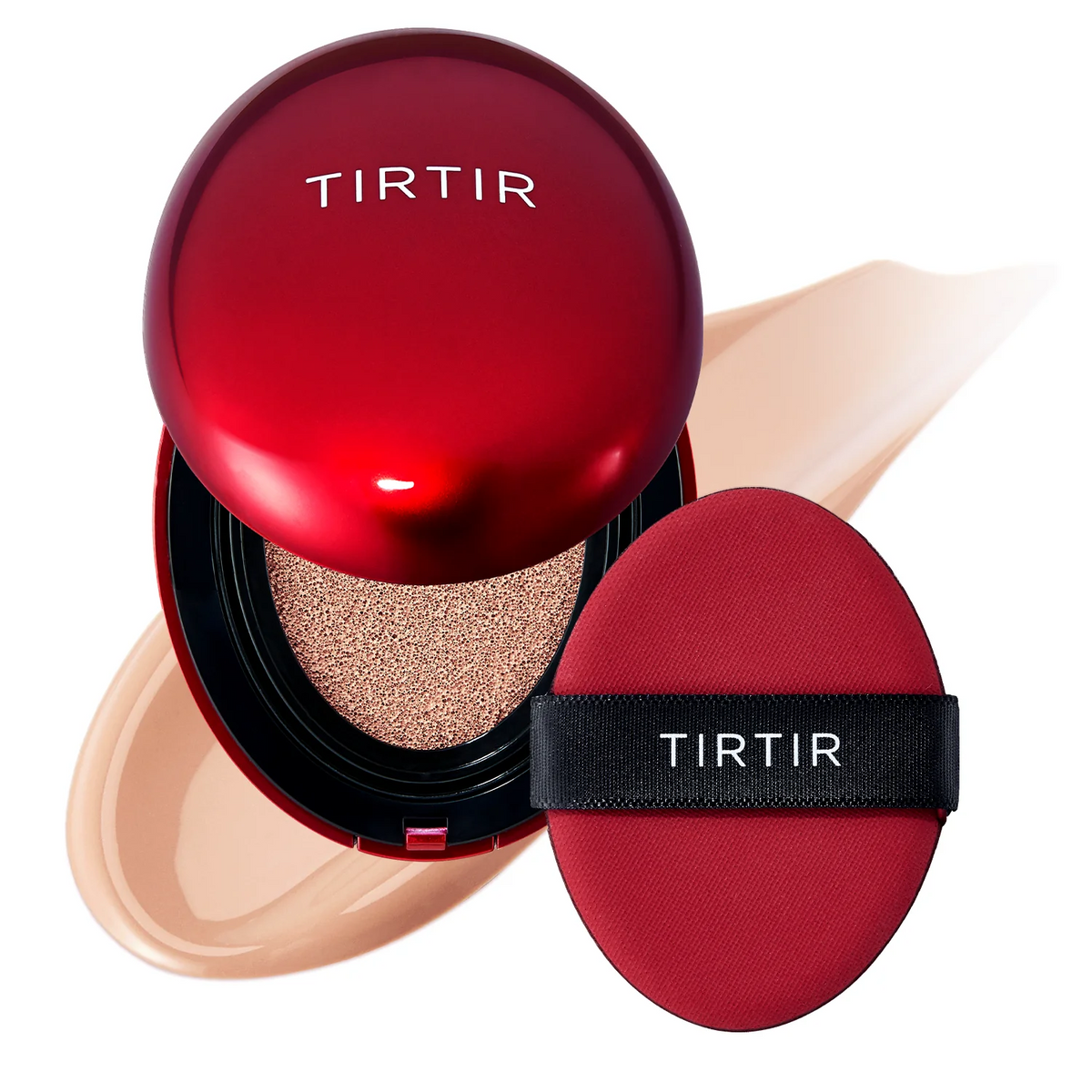TIRTIR makeup compact with red lid and black strap on a white background