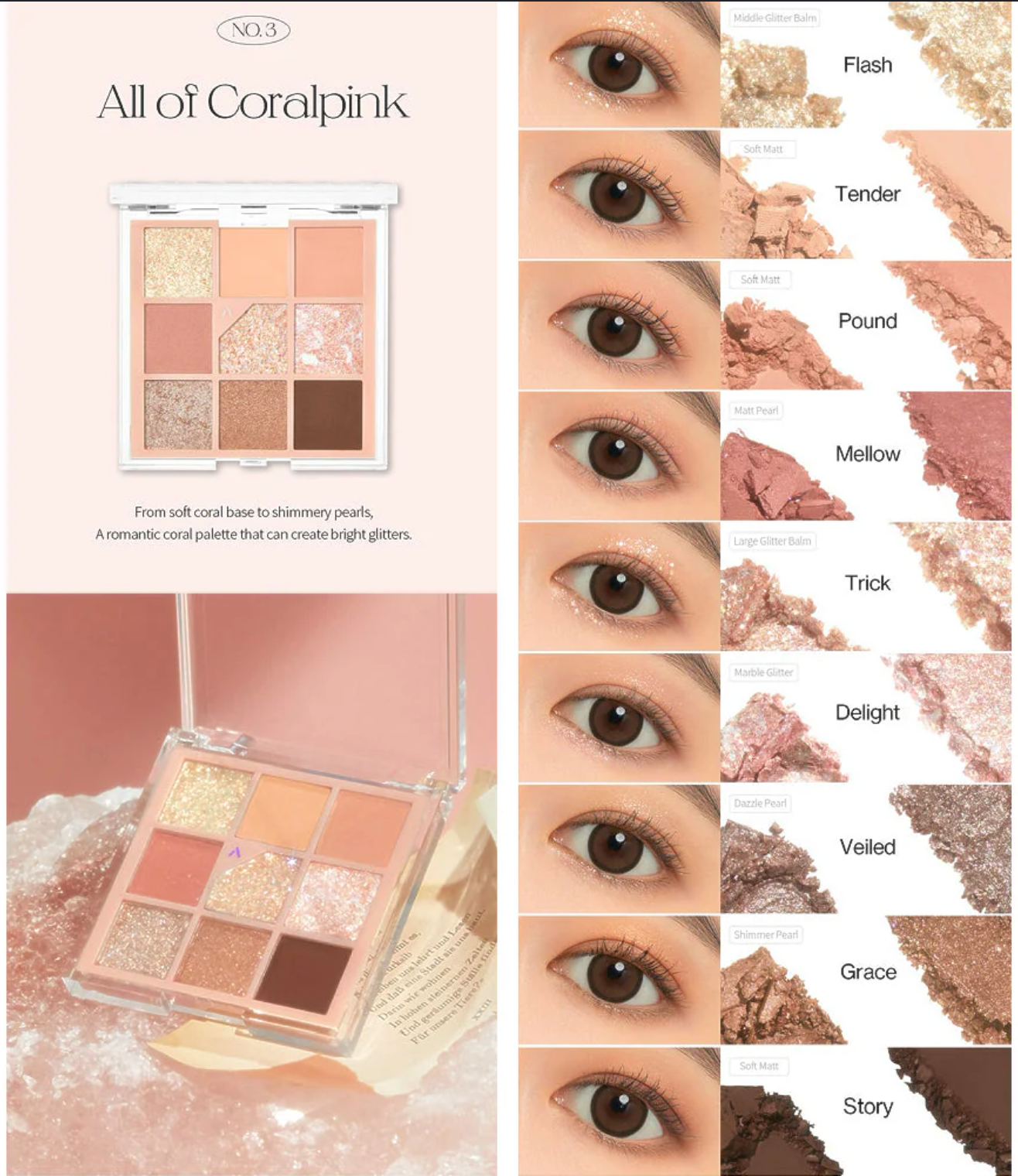 Makeup palette with color swatches and eye makeup samples labeled 'All of Coralpink'.