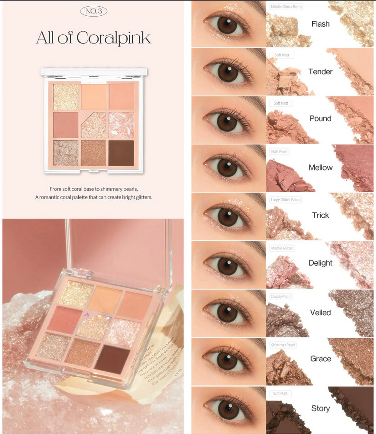 Makeup palette with color swatches and eye makeup samples labeled 'All of Coralpink'.