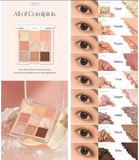 Makeup palette with color swatches and eye makeup samples labeled 'All of Coralpink'.