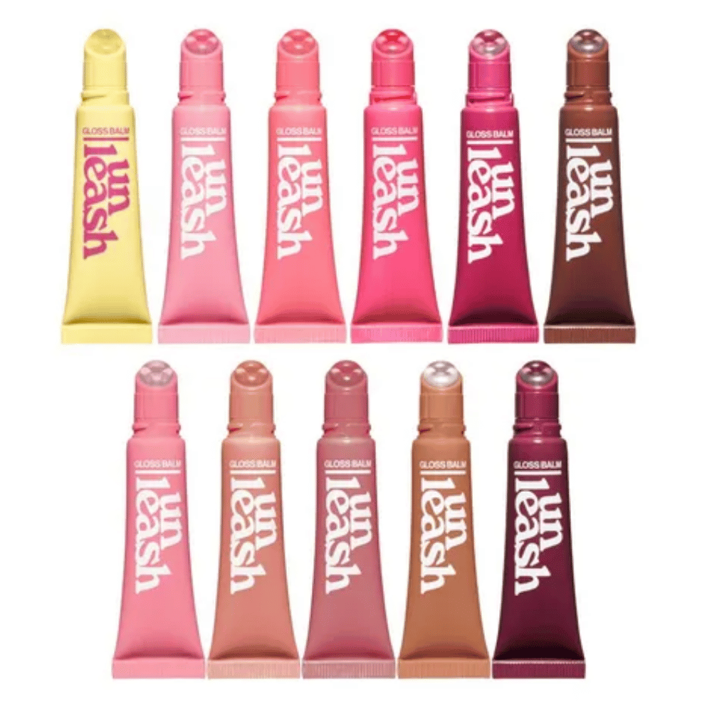 UNLEASHIA Sunset Dazzle Gloss Balm collection in multiple shades including pink, nude and brown on white background